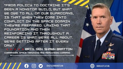 U.S. Air Force Lt. Gen. Brad Webb, commander of Air Education and Training Command, and Air National Guard Brig. Gen. Shawn Bratton, commander of United States Space Force Training and Readiness Command, discussed wartime readiness during a panel at the 2022 Air Force Association Warfare Symposium in Orlando, Florida, March 4.