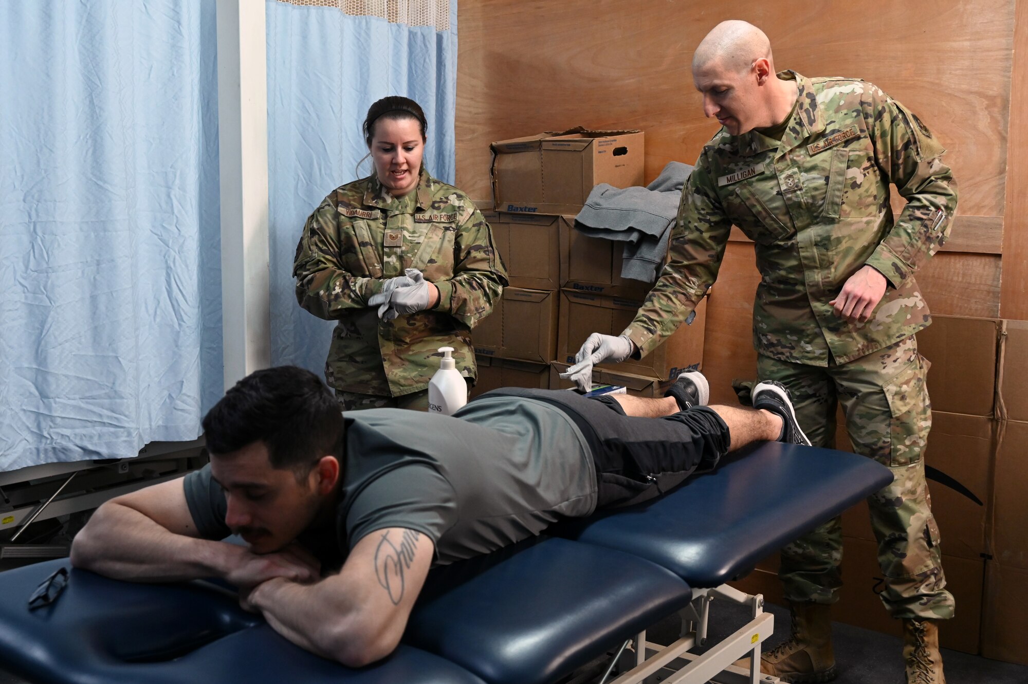 U.S. Air Force Chief Master Sgt. Sean M. Milligan, 332d Air Expeditionary Wing command chief, visited with 332d Expeditionary Medical Group Airmen to get hands-on experience and tour their facilities in Southwest Asia Feb. 26, 2022. 
Chief Milligan's immersion visits give him a better understanding of the unique skillsets every Airman brings to the 332d AEW Red Tail team.