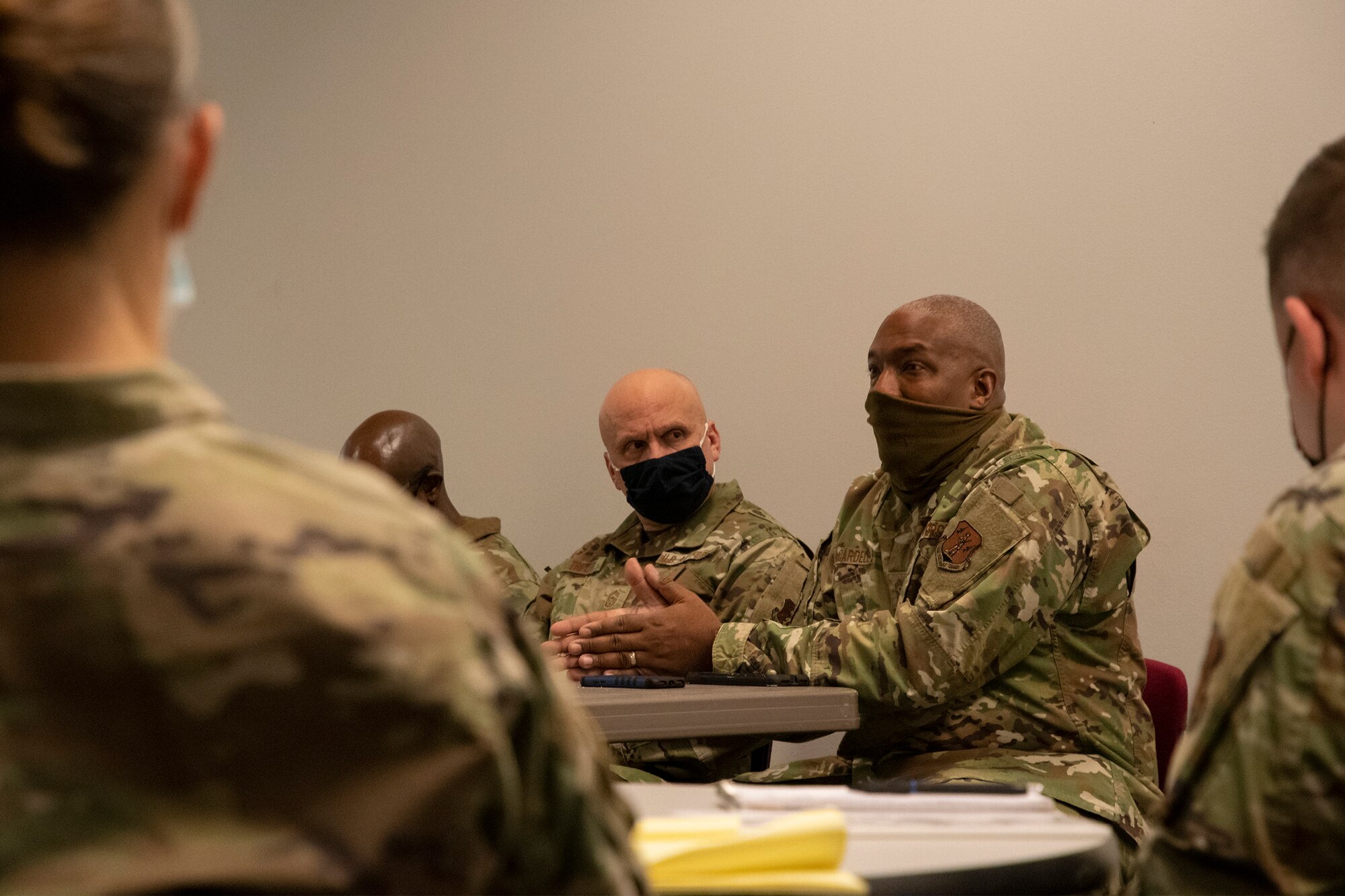 Chief Master Sgt. LeRoy McCardell, 131st Bomb Wing command chief master sergeant, provides perspective during the 2022 Additional Duty First Sergeant Seminar, Feb. 9, 2022, at Whiteman Air Force Base, Missouri. The 131st-led seminar brought noncommissioned officers from 17 states and territories across the Air National Guard to Whiteman AFB to learn about and understand the roles and responsibilities of additional duty first sergeants. (U.S. Air National Guard photo by Airman 1st Class Kelly Ferguson)