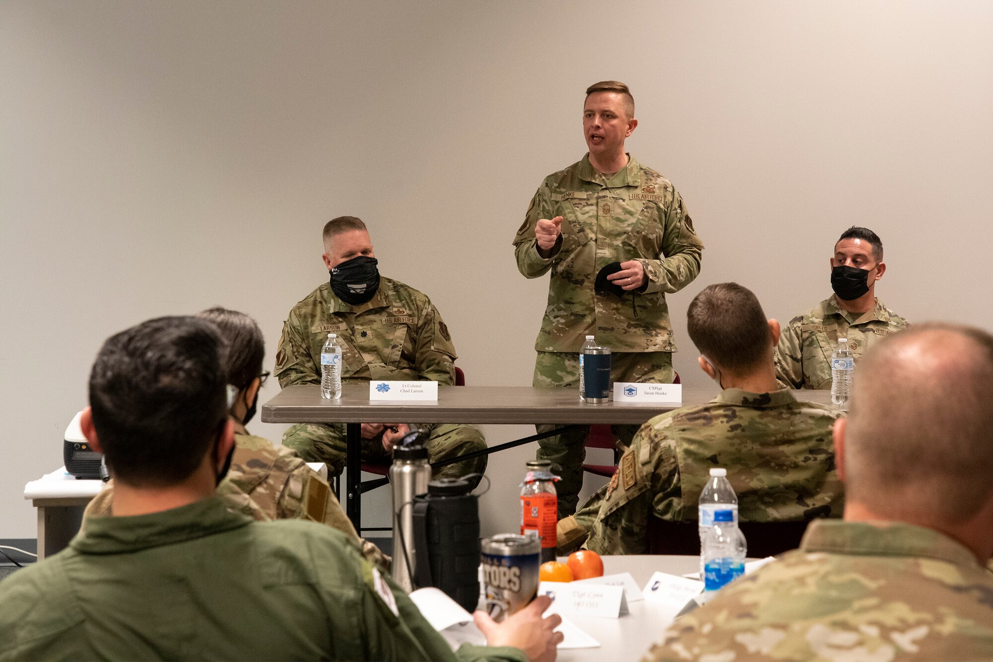 Chief Master Sgt. Jason Henke, 131st Maintenance Group senior enlisted leader, fields a question during a leadership triad panel at the 2022 Additional Duty First Sergeant Seminar at Whiteman Air Force Base, Missouri, Feb. 9, 2022. The 131st Bomb Wing-led seminar brought noncommissioned officer from 17 states and territories across the Air National Guard to learn skills and techniques to be successful as additional duty first sergeants. (U.S. Air National Guard photo by Airman 1st Class Kelly Ferguson)