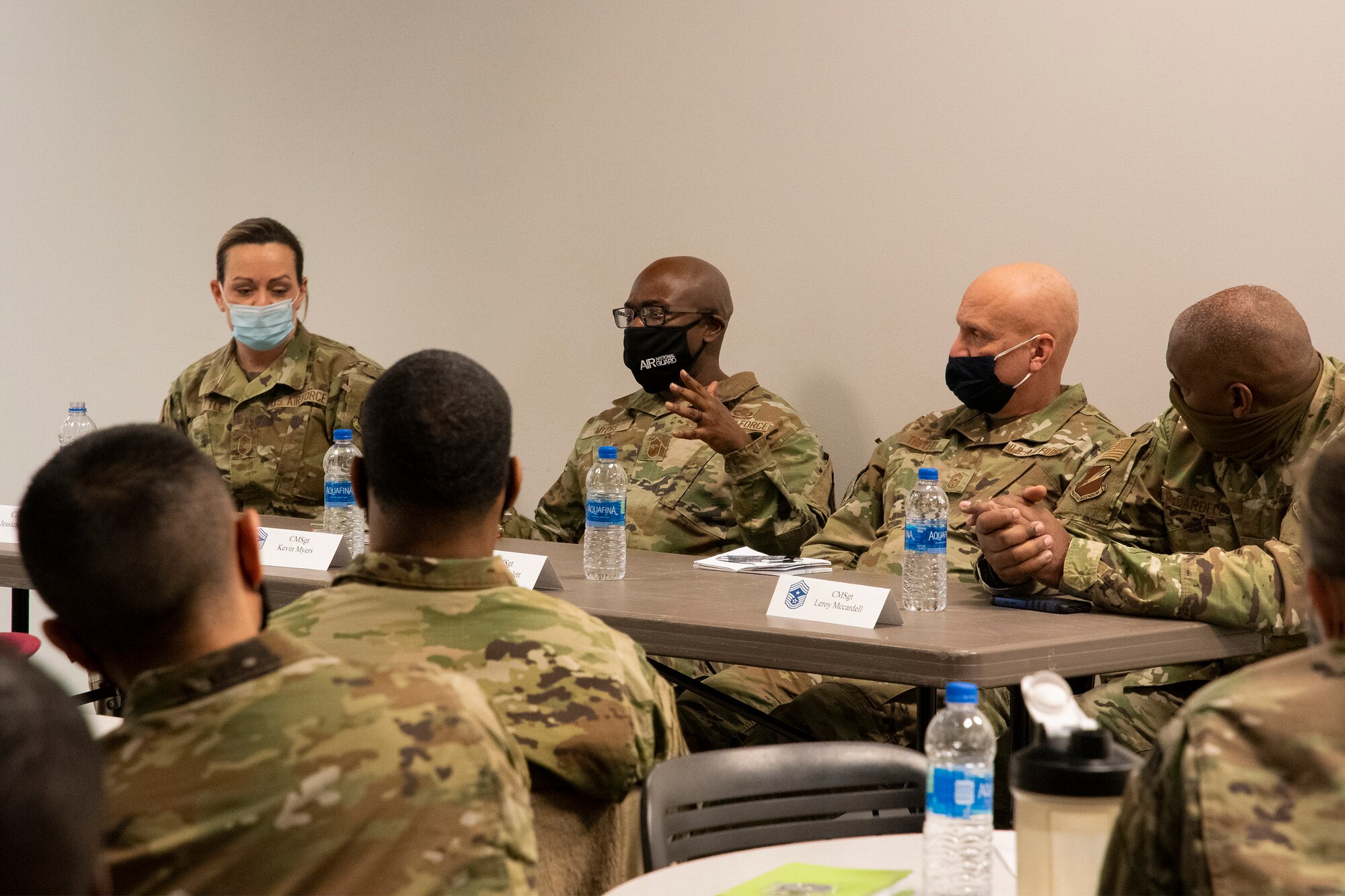 Chief Master Sgt. Kevin Myers, Air National Guard first sergeants functional area manager, shares his perspective during a senior leader panel discussion at the 2022 Additional Duty First Sergeant Seminar Feb. 8, 2022, at Whiteman Air Force Base, Missouri. Noncommissioned officers from 17 different states and territories across the ANG took part in the seminar to learn about and understand the roles and responsibilities of additional duty first sergeants. (U.S. Air National Guard photo by Airman 1st Class Kelly C. Ferguson)