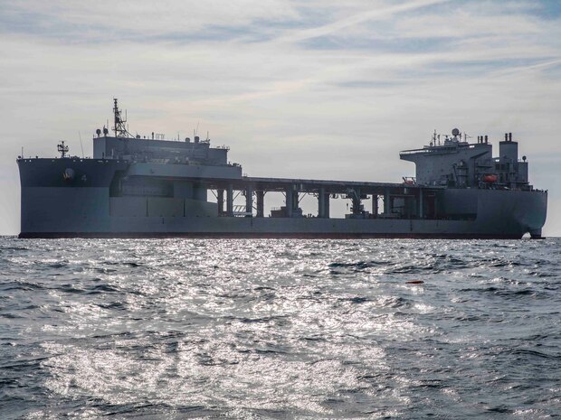 The Expeditionary Sea Base USS Hershel "Woody" Williams (ESB 4) sails the Adriatic Sea, Feb. 19, 2022.