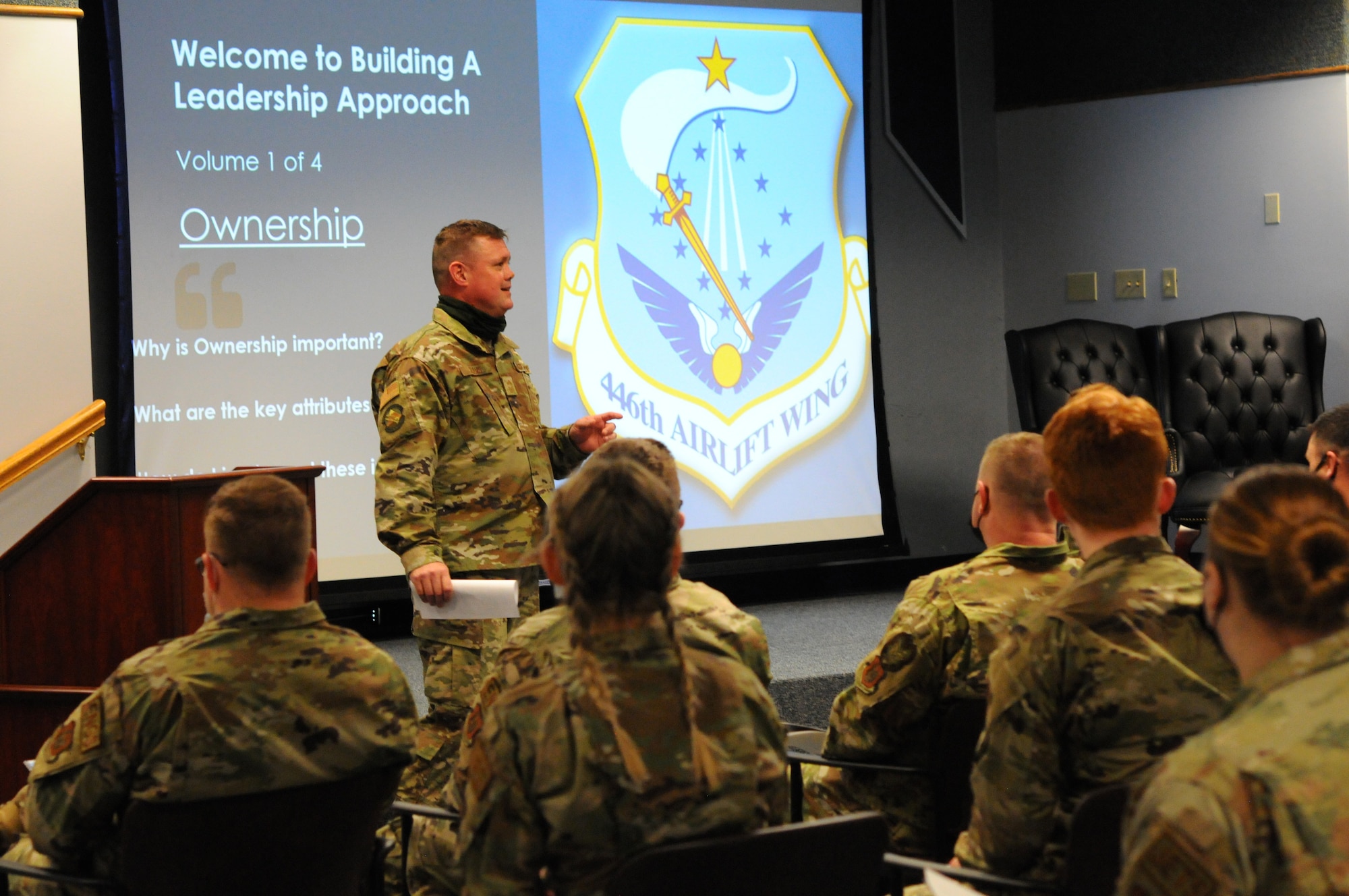 Airman talks to group of Airman about leadership