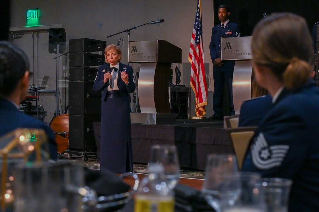 Retired Chief Master Sgt. Ericka Kelly, 17th Command Master Sergeant for the Air Force Reserve Command, speaks to members of the 315th Airlift Wing March 5, 2022, during the second annual Awards Gala. The 315th Airlift Wing hosted its second annual Awards Gala to highlight the accomplishments of the wing and its members. (U.S. Air Force photo by Senior Airman William Brugge)