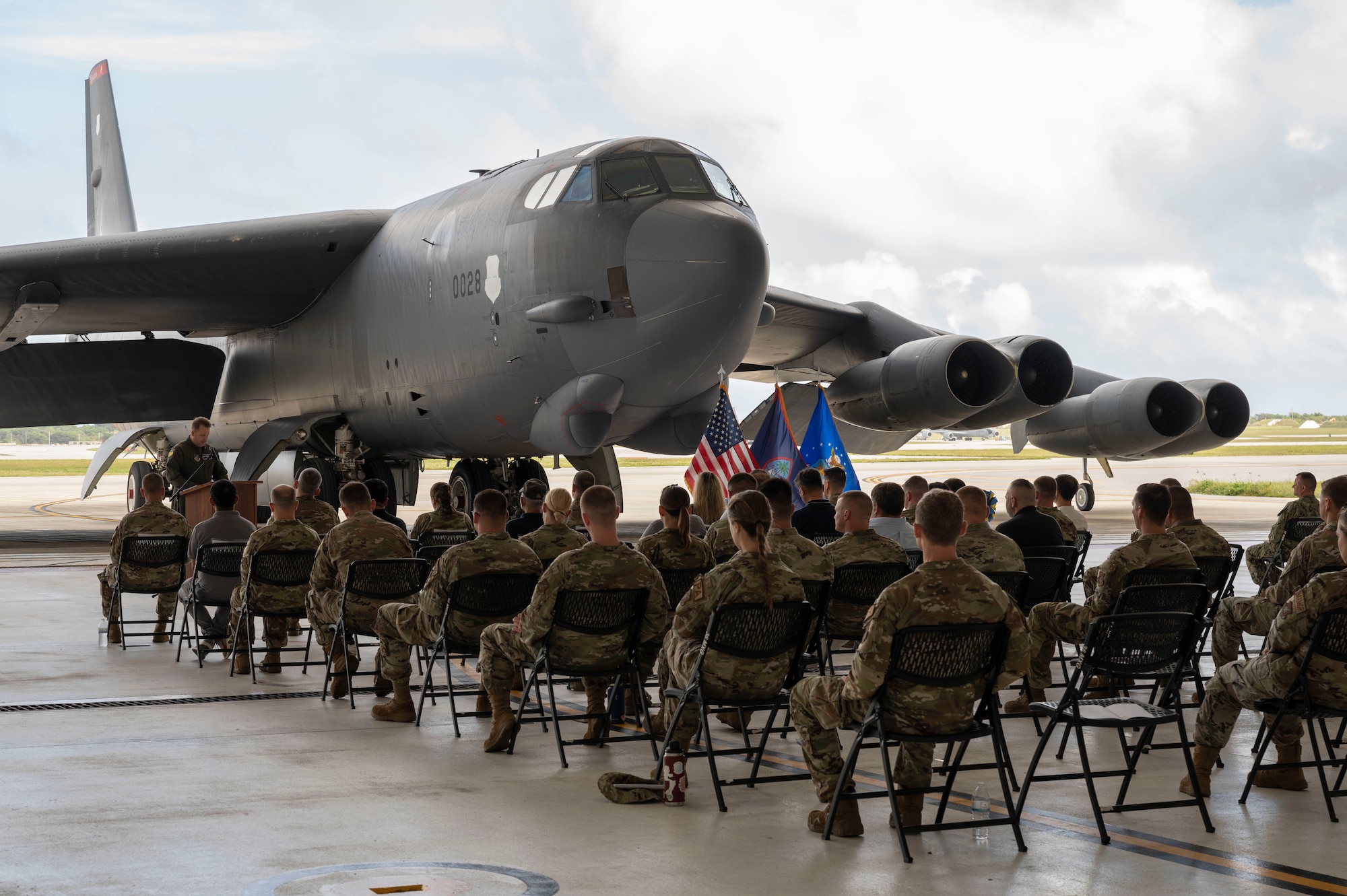 U.S. Air Force Col. Mark Wass, 36th Operations Group commander, speaks about two new hangars during a ribbon cutting ceremony at Andersen Air Force Base, Guam, Mar. 4, 2022.