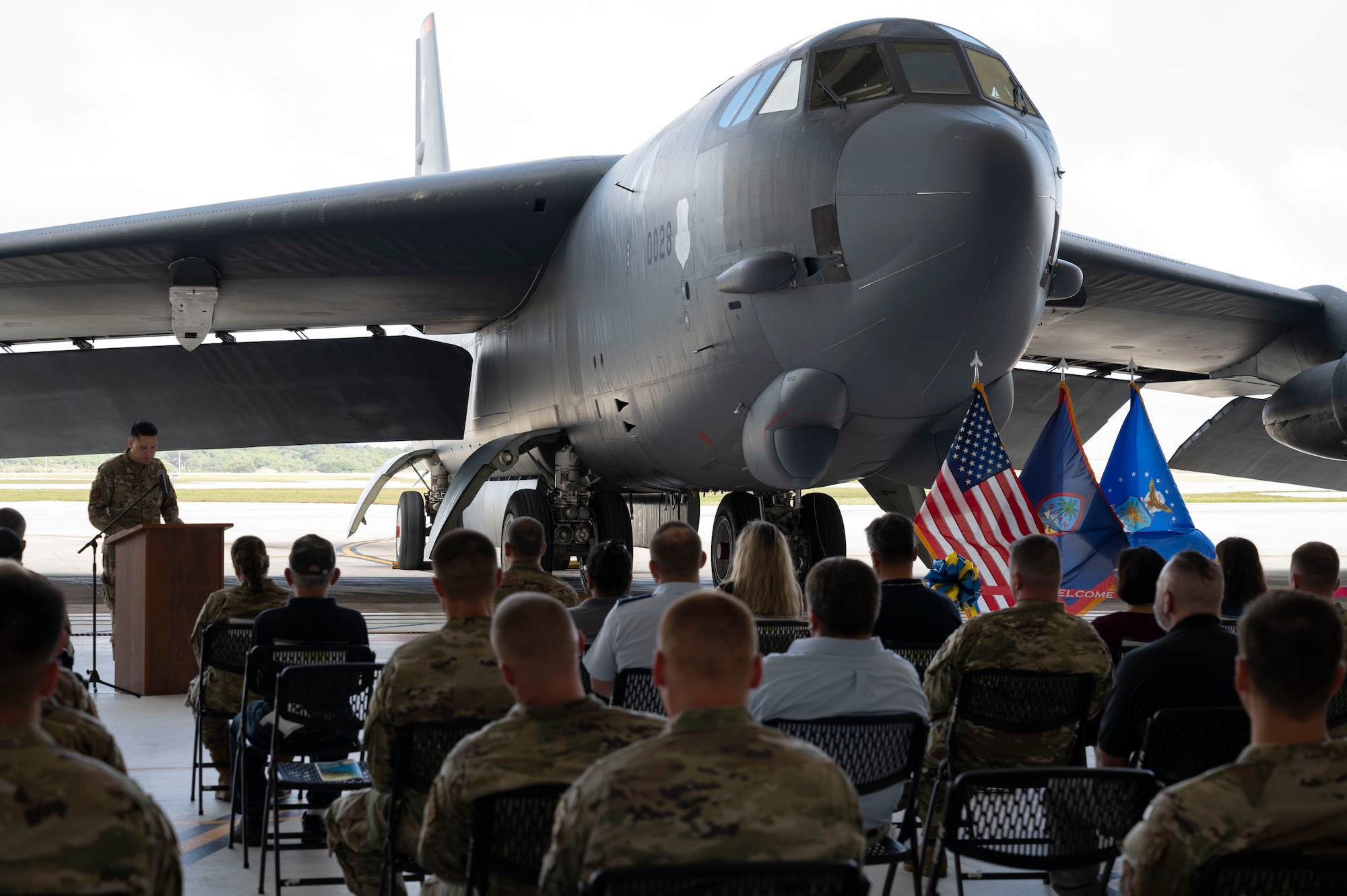 U.S. Air Force Col. David Aragon, 36th Wing vice commander, speaks about two new maintenance hangars during a ribbon cutting ceremony at Andersen Air Force Base, Guam, Mar. 4, 2022.