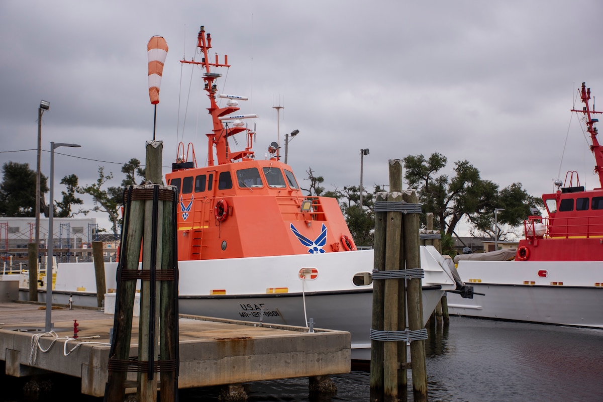 A U.S. Air Force Missile Retrievers assigned to the 82nd Aerial Target Squadron, is docked at Tyndall Air Force Base, Florida, Dec. 17, 2021. The boat, one of the units three used to recover drone, was recently upgraded from a two-stroke to four-stroke diesel engine to allow the vessel to cruise at 30 knots, providing higher chance of drone recovery. (U.S. Air Force photo by 1st Lt. Lindsey Heflin)
