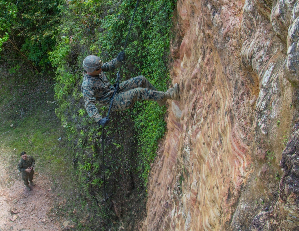 U.S. Marine Corps Lance Cpl. Cameron Morgan, a field artillery fire control Marine with Battalion Landing Team 3/4, 31st Marine Expeditionary Unit, and native of Kings Mountain, North Carolina, rappels down a cliff during jungle warfare training at Camp Gonsalves, Okinawa, Japan, April 5, 2021. Jungle warfare training prepares students to operate in jungle environments through the teaching of rappelling, patrolling, and land navigation. The 31st MEU, the Marine Corps only continuously forward-deployed MEU, provides a flexible and lethal force ready to perform a wide range of military operations as the premiere crisis response force in the Indo-Pacific region. (U.S. Marine Corps photo by Lance Cpl. Colton Nicks)