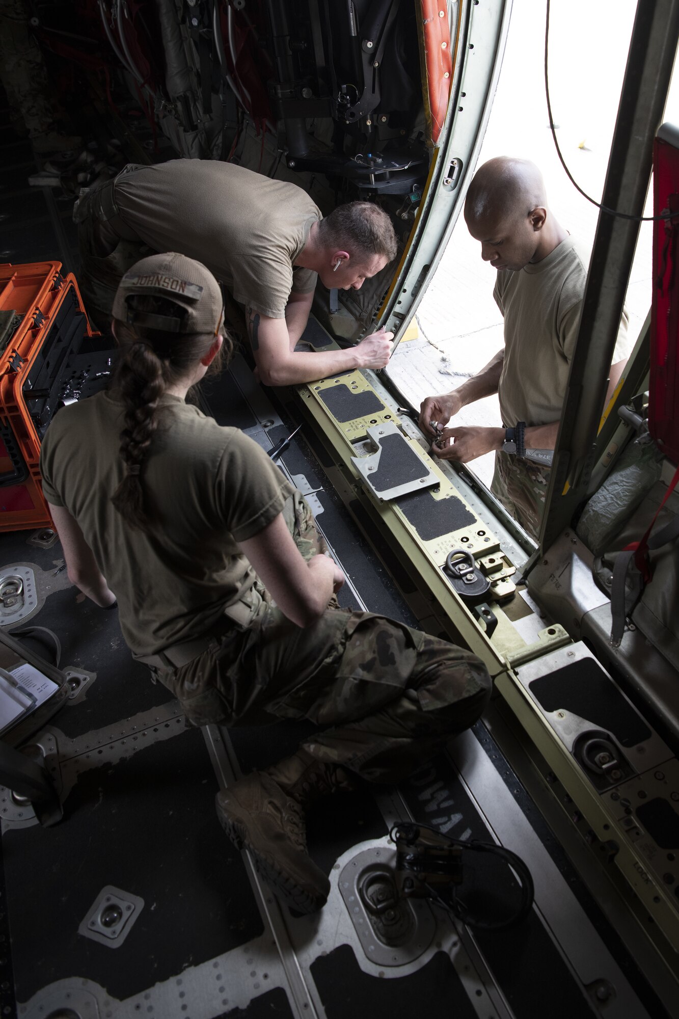 U.S. Air Force Airmen assigned to the 36th Expeditionary Airlift Squadron, perform maintenance on a C-130J Super Hercules during Exercise Cope South 2022, Feb. 24, 2022, at Bangladesh air force (BAF) Base Bangabandhu, Bangladesh. U.S. Air Force and BAF participants conducted static line and high altitude, low opening (HALO) jumps, low level flying, and night flights during the exercise to enhance their interoperability. Exercise Cope South is a bi-annual Pacific Air Forces-sponsored bilateral exercise that provides U.S. and Bangladesh air forces the opportunity to work together while performing tactical airlift scenarios.