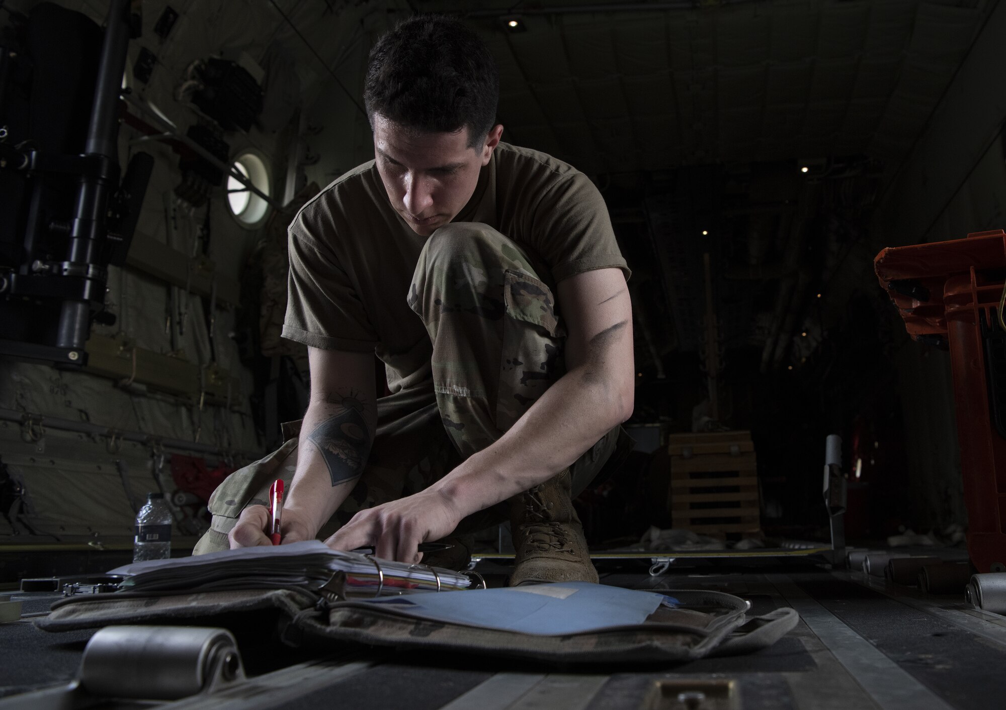 Airman 1st Class Anthony Allende, 36th Expeditionary Airlift Squadron flying crew chief, logs information while conducting pre-flight maintenance for a C-130J Super Hercules during Exercise Cope South 2022, Feb. 24, 2022, at Bangladesh air force (BAF) Base Bangabandhu, Bangladesh. U.S. Air Force and BAF participants conducted static line and high altitude, low opening (HALO) jumps, low level flying, and night flights during the exercise to enhance their interoperability. Exercise Cope South is a bi-annual Pacific Air Forces-sponsored bilateral exercise that provides U.S. and Bangladesh air forces the opportunity to work together while performing tactical airlift scenarios.