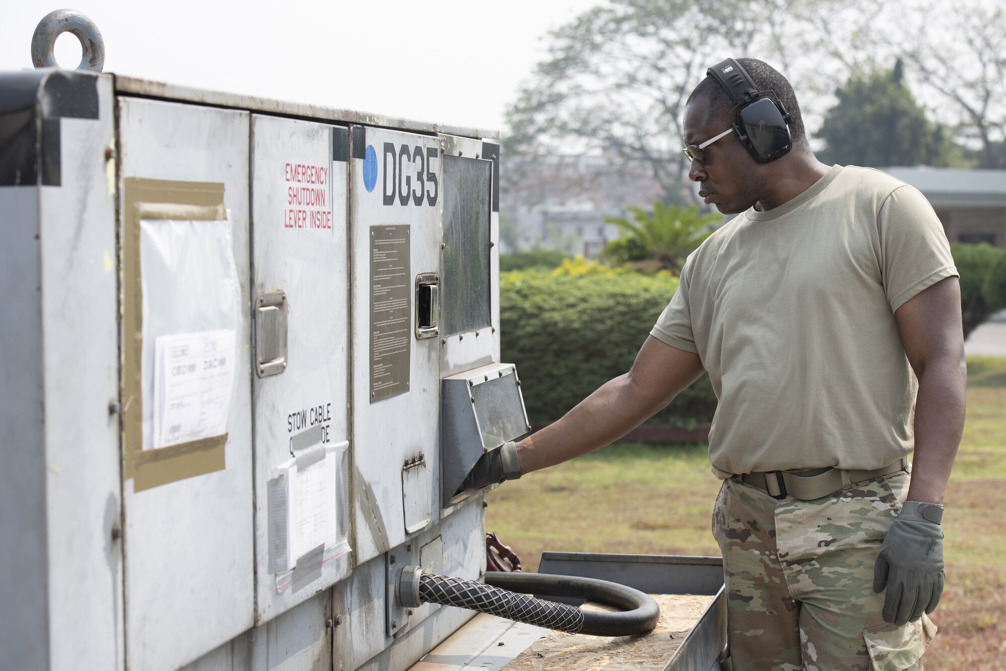 Tech Sgt. Charles Ford, 36th Expeditionary Airlift Squadron aerospace ground equipment craftsman, helps prepare a C-130J Super Hercules for launch during Exercise Cope South 2022, Feb. 24, 2022, at Bangladesh air force (BAF) Base Bangabandhu, Bangladesh. U.S. Air Force and BAF participants conducted static line and high altitude, low opening (HALO) jumps, low level flying, and night flights during the exercise to enhance their interoperability. Exercise Cope South is a bi-annual Pacific Air Forces-sponsored bilateral exercise that provides U.S. and Bangladesh air forces the opportunity to work together while performing tactical airlift scenarios.