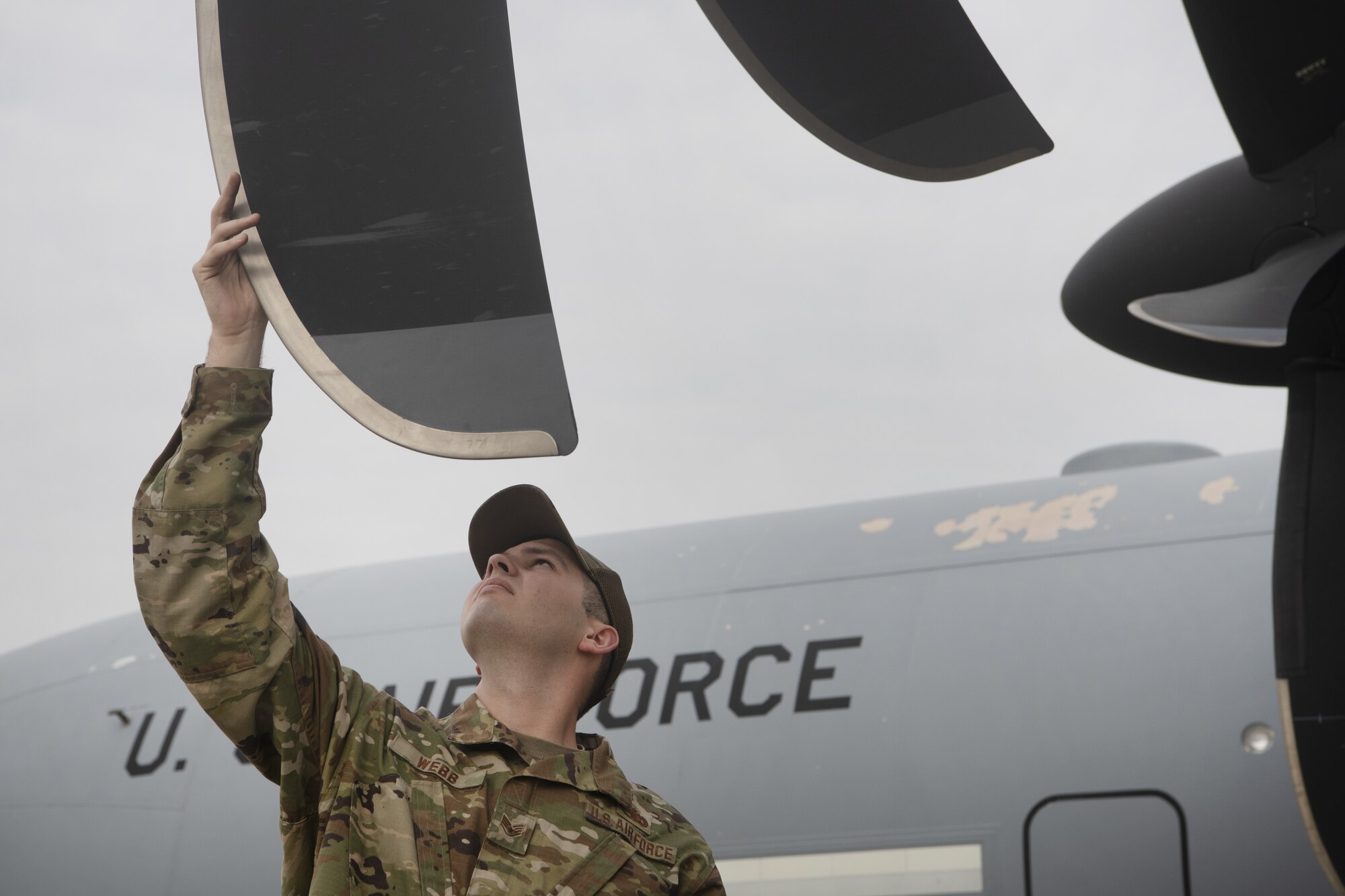 Staff Sgt. Dustin Webb, 36th Expeditionary Airlift Squadron aerospace propulsion craftsman, inspects the propeller of a C-130J Super Hercules prior to launch during Exercise Cope South 2022, Feb. 20, 2022, at Bangladesh air force (BAF) Base Bangabandhu, Bangladesh. Airmen assigned to the 36th EAS worked side-by-side with BAF pilots and maintainers to perform air drop training as part of the day’s tasks. Exercise Cope South provides an opportunity for Pacific Air Forces and the Bangladesh armed forces to strengthen their relationship and enhance interoperability, to operate more effectively together when needed.