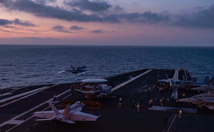 An F/A-18E Super Hornet, attached to the “Blue Blasters” of Strike Fighter Squadron (VFA) 34, launches from the flight deck of the Nimitz-class aircraft carrier USS Harry S. Truman (CVN 75), Feb. 20, 2022.