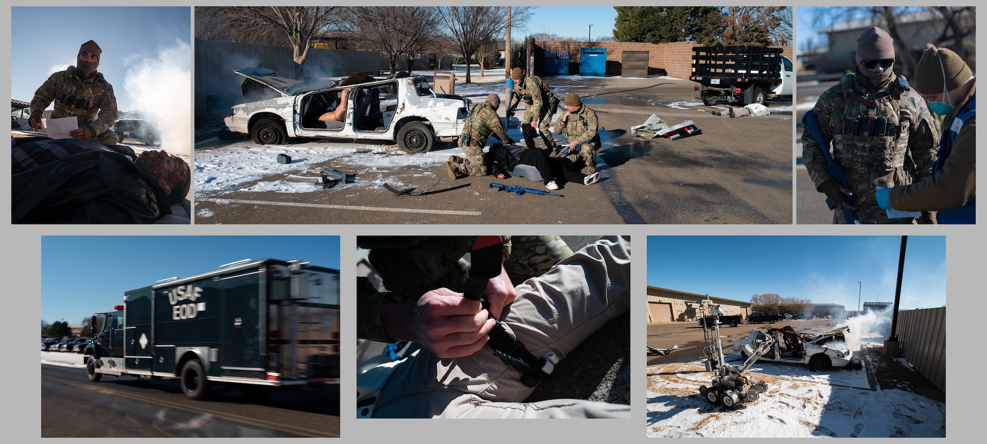 U.S. Air Force Security Forces defenders of the 27th Special Operations Security Forces Squadron and Explosive Ordnance Disposal team members of the 27th Special Operations Civil Engineer Squadron secure and investigate a simulated vehicle explosion during a Chemical, Biological, Radiological, Nuclear and high yield Explosives exercise at Cannon Air Force Base, New Mexico, Feb. 4, 2022. The exercise tested the readiness of emergency responders and the logistics of securing and clearing a hazardous area. (U.S. Air Force photo illustration by Senior Airman Christopher Storer)