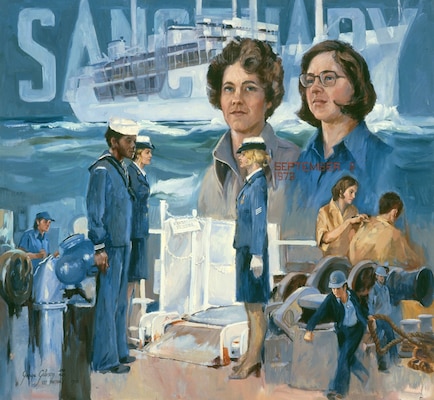 Painting of sailors being sworn with Peggy Sue Griffith