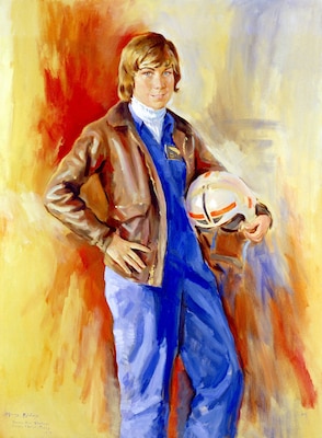 Painting of woman in her blue uniform with brown leather jacket and bright yellow/orange/red abstract background.