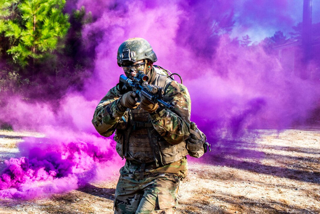 A U.S. Soldier a takes part in a training event, showcasing for the secretary of the Army the skills Soldiers acquire and hone at Fort Benning, Georgia, Nov. 19, 2018.