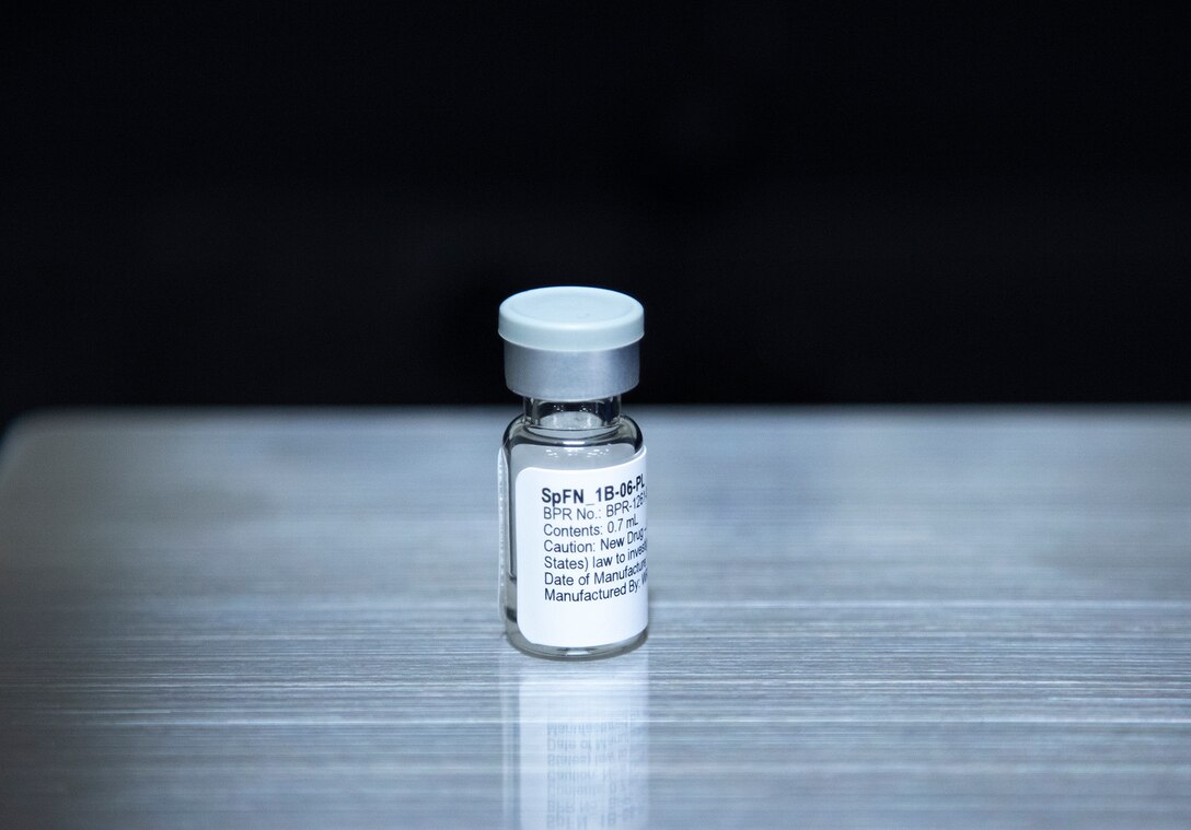 A vial of spike ferritin nanoparticle (SpFN), WRAIR’s COVID-19 vaccine.