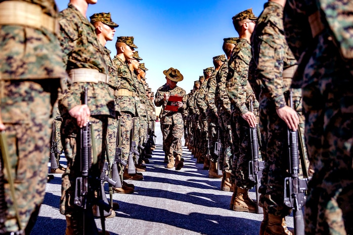 U S Marine Corps Drill Masters Inspect A Platoon During A Close Order