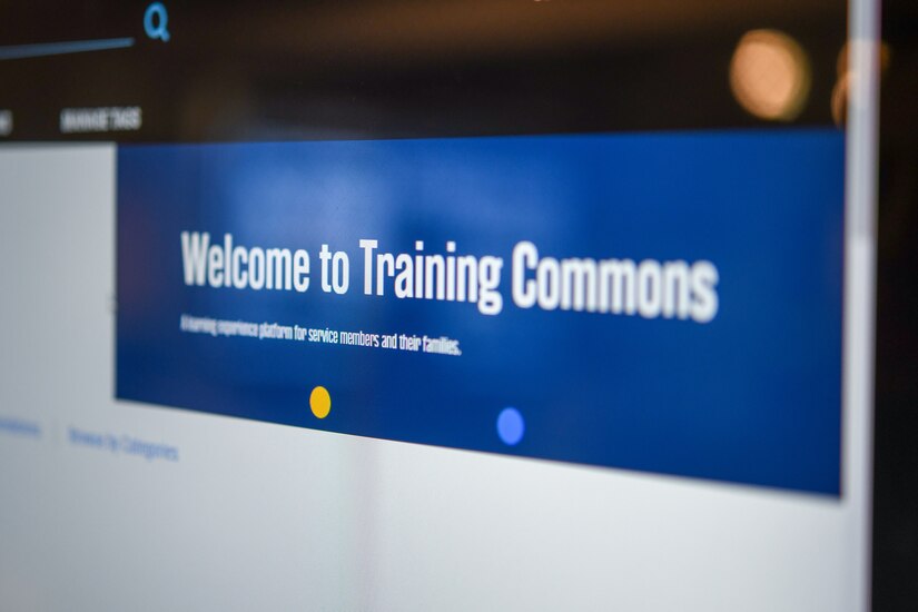 Tech. Sgt. Jules Ponton, former 316th Force Support Squadron manpower analyst and now Education With Industry Fellow at Deloitte Consulting analyst, accesses Training Commons, a website available to Airmen and their families for training needs, on Joint Base Andrews, Md., March 4, 2022.