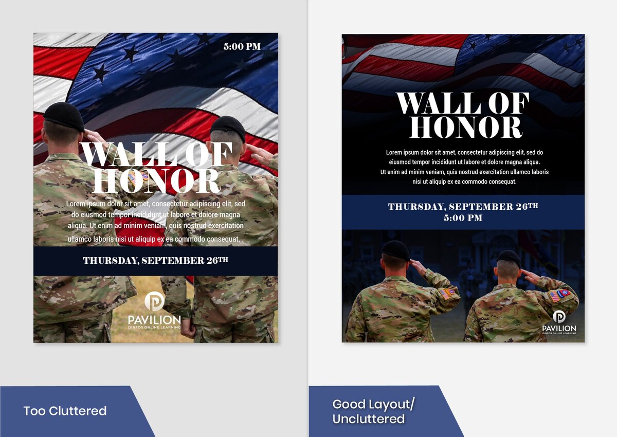 Examples comparing a cluttered and uncluttered layout for the same brochure.