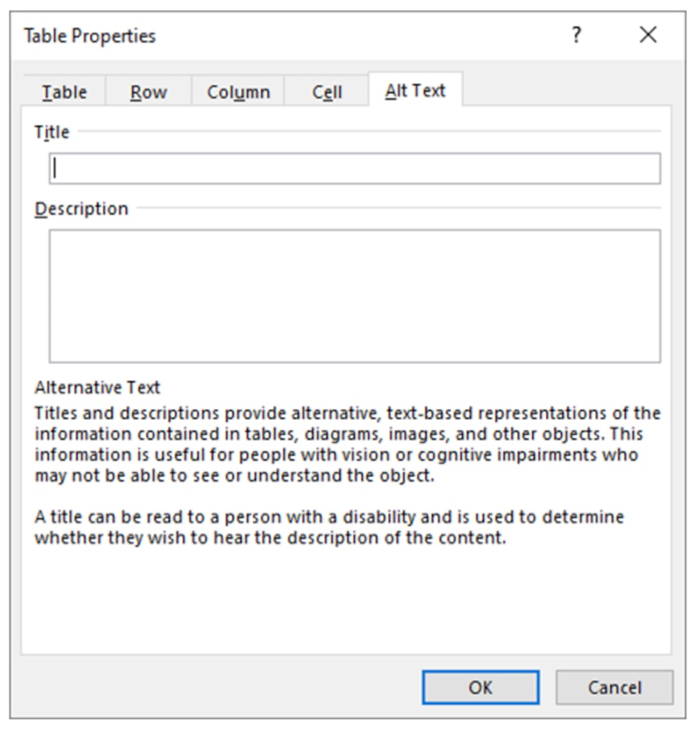 Image of Microsoft Word's alt-text option in the table properties menu.