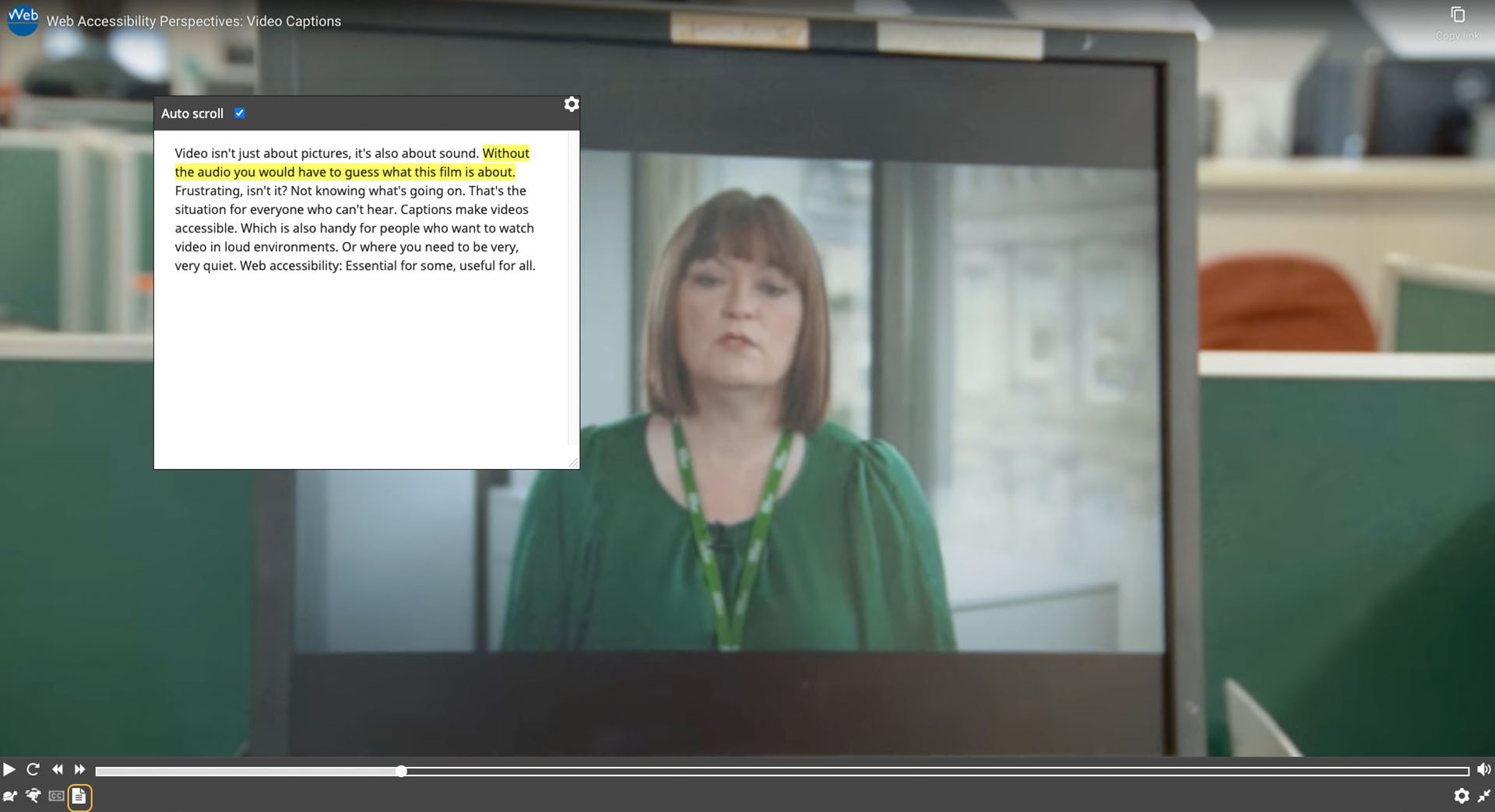 This screenshot is an example of how Web Accessibility Initiative (WAI) provides transcripts with their videos.