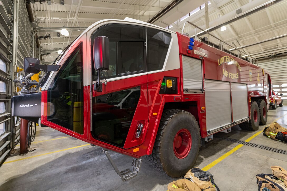 A Striker 6x6 aircraft rescue vehicle resides in the 28th Civil Engineer Squadron on Ellsworth Air Force Base, S.D. March 3, 2022.
