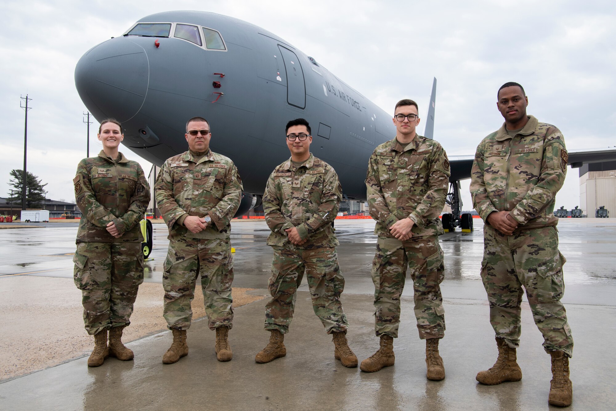 Reserve Citizen Airmen with the 714th Aircraft Maintenance Squadron with the 514th Air Mobility Wing, Joint Base McGuire-Dix-Lakehurst, N.J., were honored with plaques embedded to a stunning KC-46 Pegasus display, March 6, 2022.