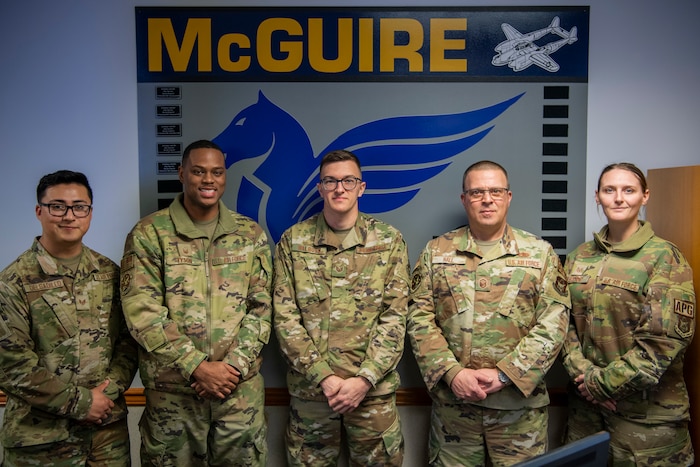 Reserve Citizen Airmen with the 714th Aircraft Maintenance Squadron with the 514th Air Mobility Wing, Joint Base McGuire-Dix-Lakehurst, N.J., were honored with plaques embedded to a stunning KC-46 Pegasus display, March 6, 2022.