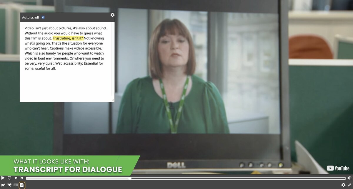 Image of a video playing on a computer with transcript for dialogue turned on.