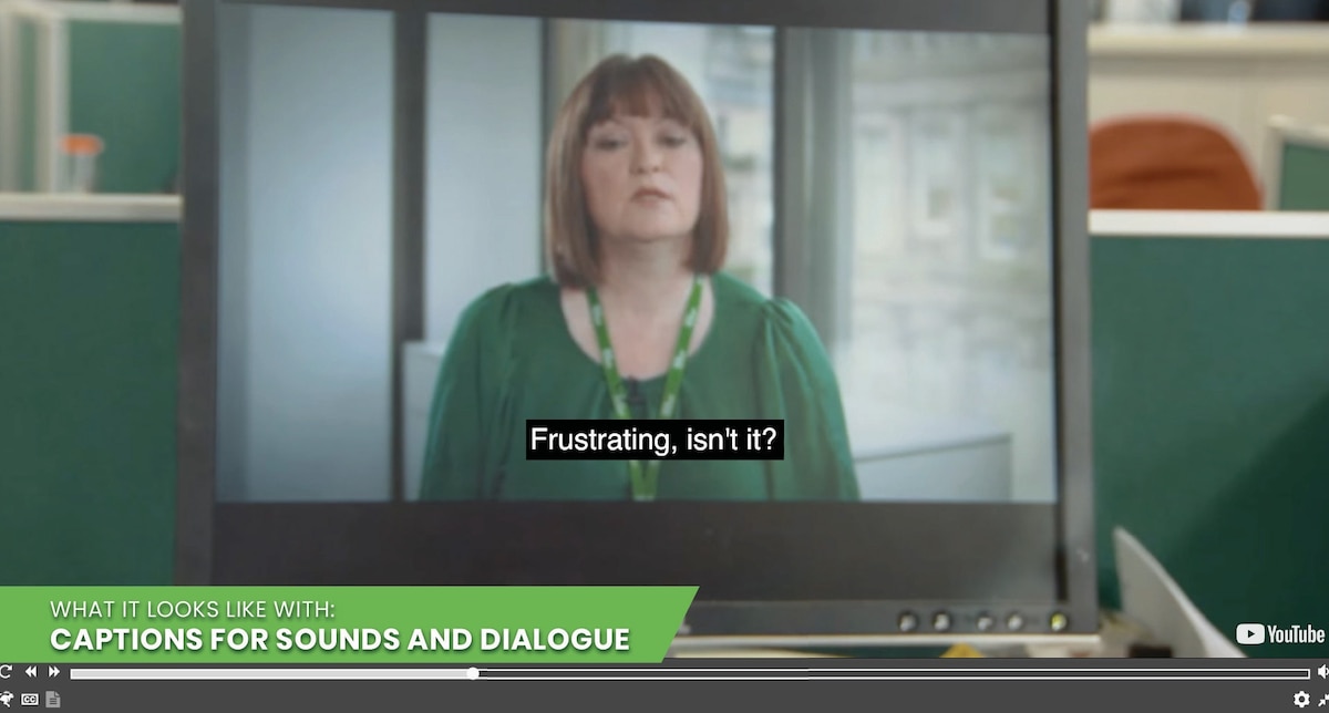 Image of a video playing on a computer with captions for dialogue and sound turned on.