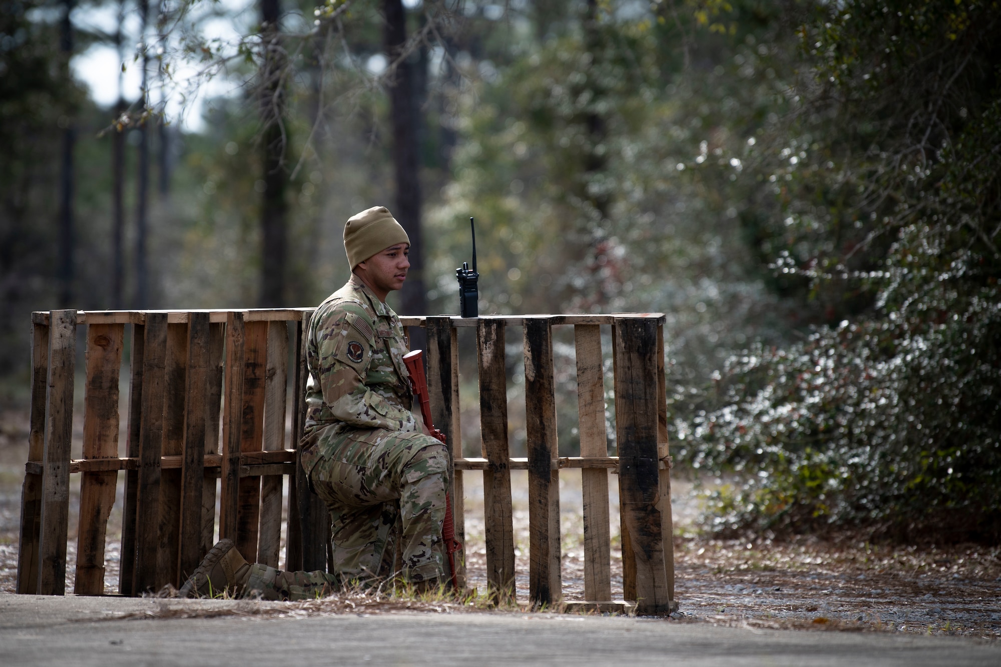 U.S. Air Force Senior Airman Elijah Dameron, a 1st Special Operations Civil Engineer Squadron Mission Sustainment Team member, provides security during a MST training March 3, 2022, at Hurlburt Field, Florida.