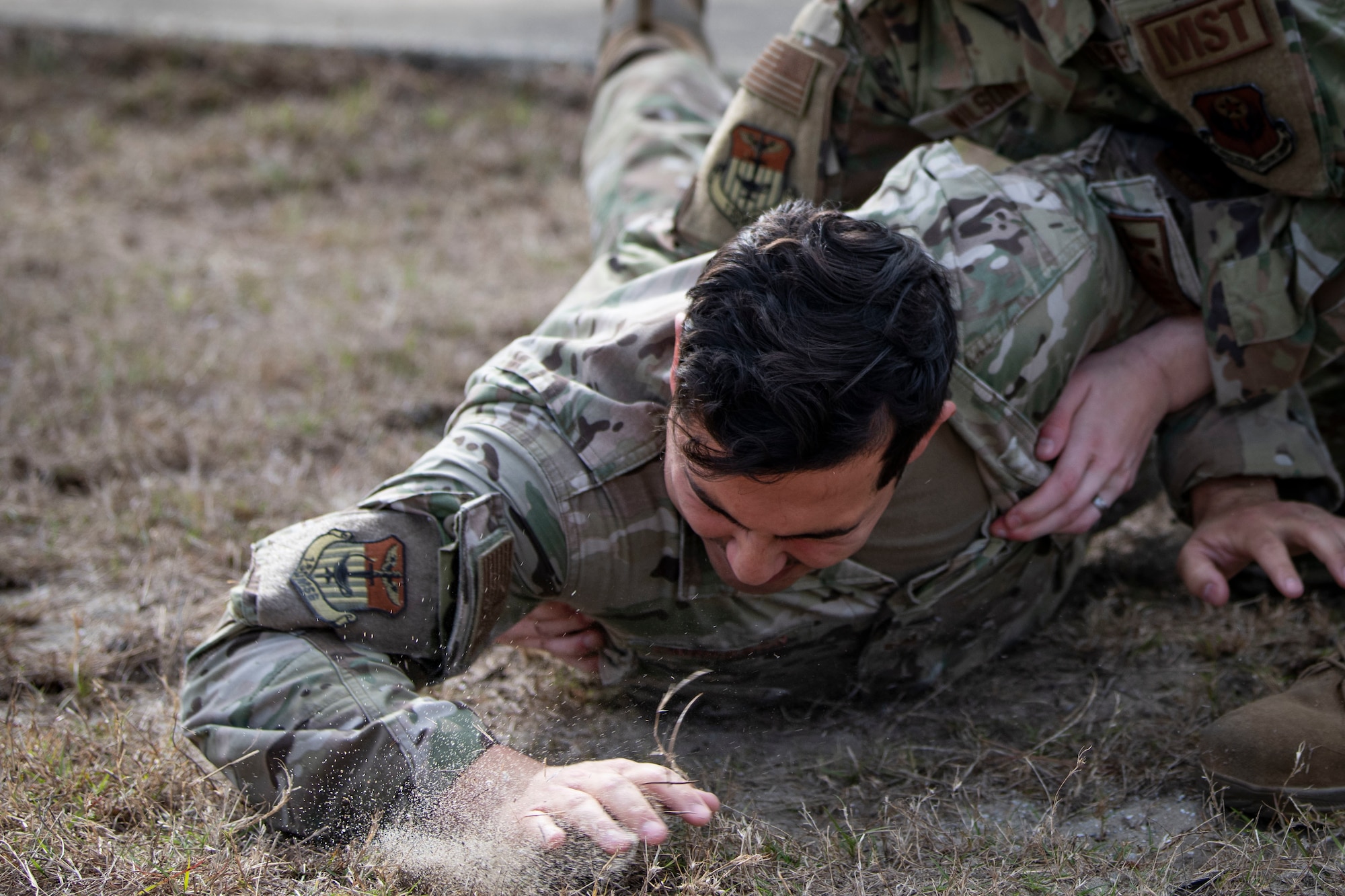 U.S. Air Force Senior Airman Juan Carrasco, a 1st Special Operations Security Forces Squadron Mission Sustainment Team member is apprehended during a MST training March 3, 2022, at Hurlburt Field, Florida.