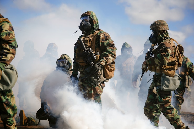 U.S. Marines with 1st Battalion, 12th Marines, 3rd Marine Division participate in a chemical, biological, radioactive, and nuclear training exercise during Spartan Fury 22.1 at Pohakuloa Training Area, Hawaii, March 5, 2022. Spartan Fury is a Battalion level training exercise designed to refine long-range communications through naval asset integration, mission processing from battalion to firing sections, and 21st Century Foraging.