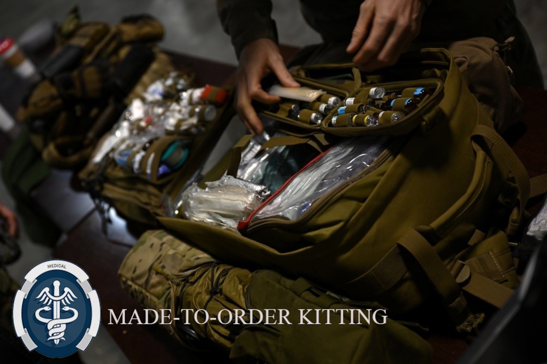 A graphic image of the Defense Logistics Agency Troop Support Medical supply chain emblem overlays a photo of a custom medical kit such as those available from the organization’s Made-To-Order Medical Kitting team.