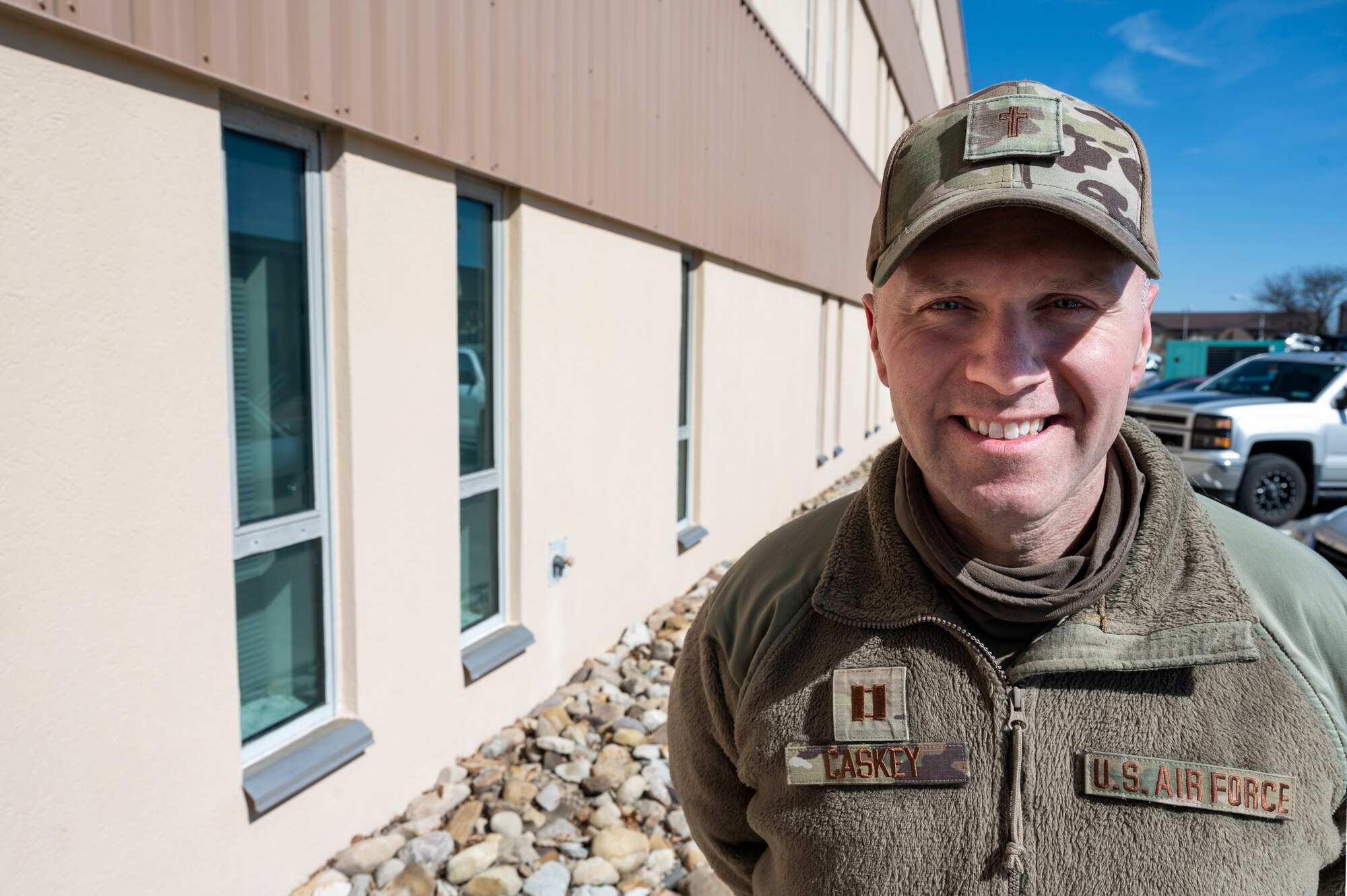 Capt. Jeremy Caskey, 911th Airlift Wing chaplain, poses for a photo at the Pittsburgh International Airport Air Reserve Station, Pennsylvania, Feb. 28, 2022.