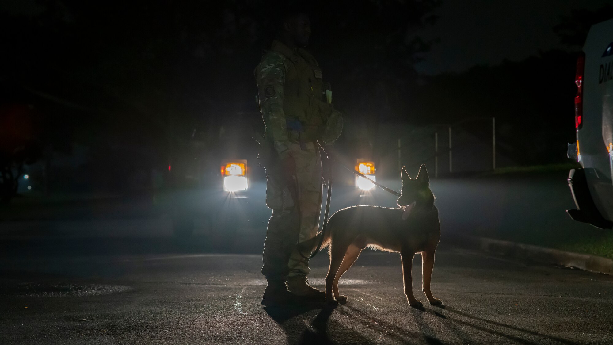 Military working dog and his trainer stand in front of the K-9 truck