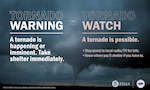 Tornado graphic with informational text differentiating a tornado warning vs. a tornado watch.