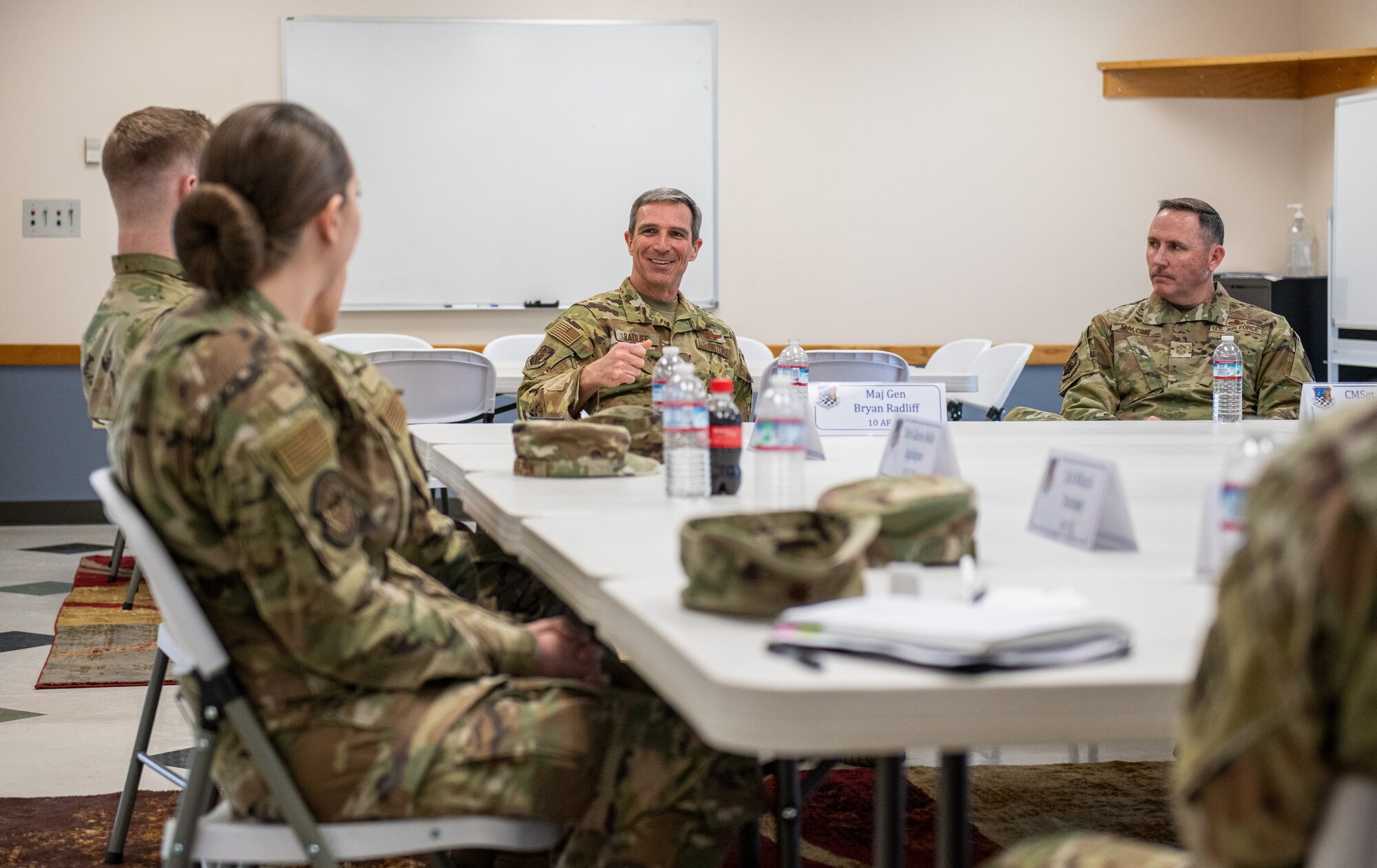 Maj. Gen. Bryan Radliff, 10th Air Force commander, and Chief Master Sgt. Jeremy Malcom, 10th AF command chief, host a luncheon with Airmen from the 419th Fighter Wing