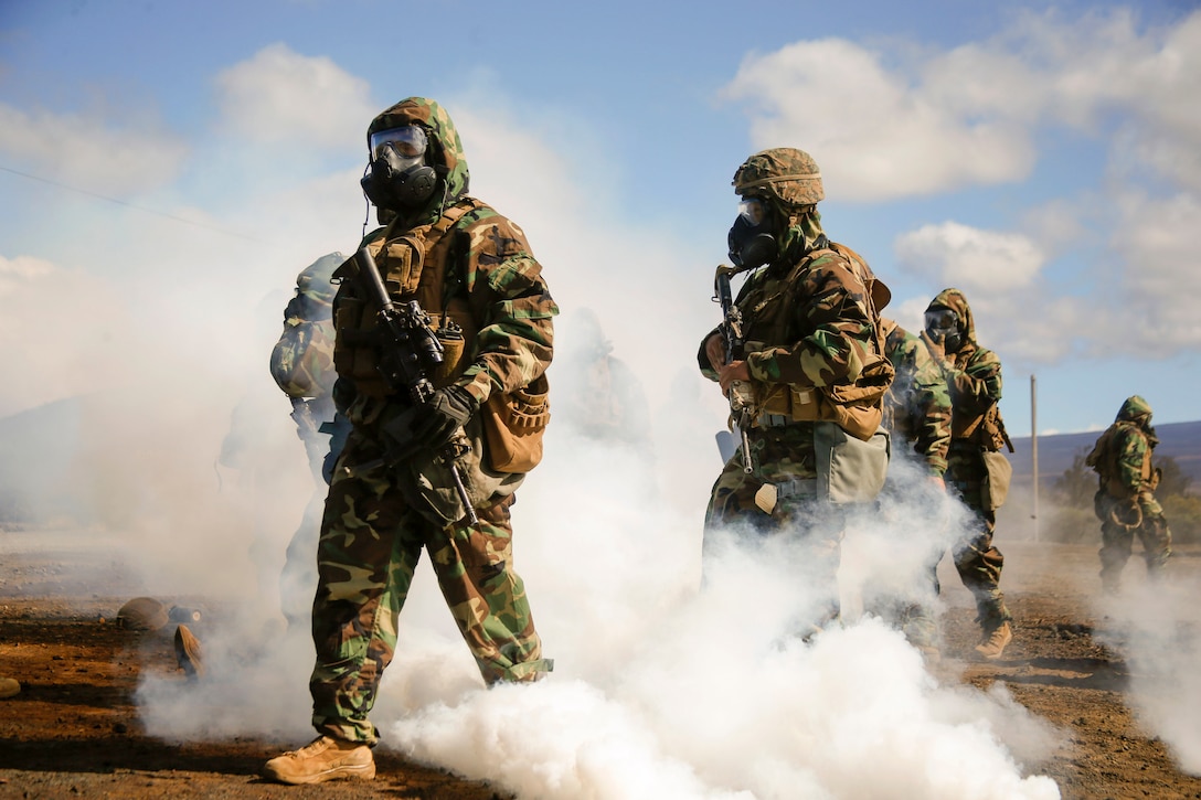 Marines wearing gas masks stand next to each other in a field surrounded by smoke.