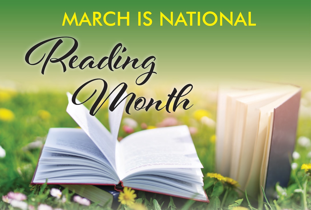 Image of opened books in the grass and flowers with the title "March is National Reading Month"