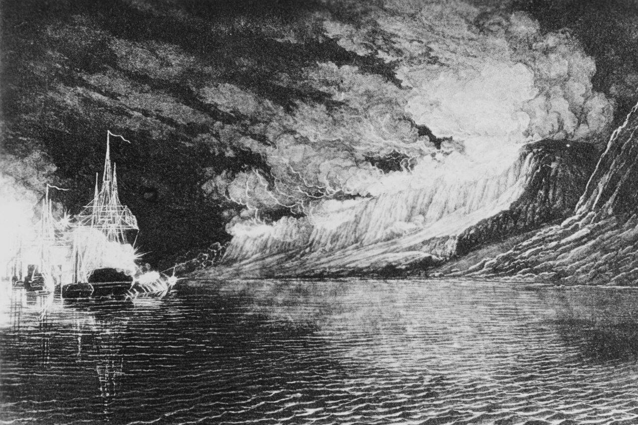 A sketch of ships going past a cliffside, with smoke in the background.