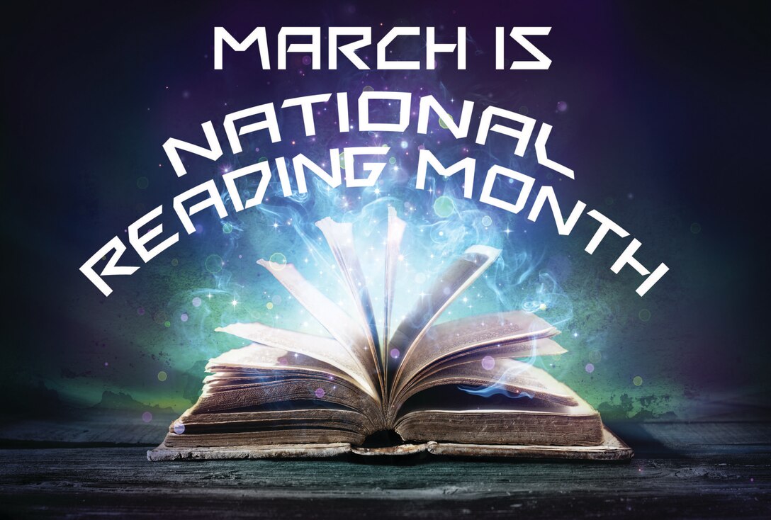 Open book with text "March is National Reading Month"
