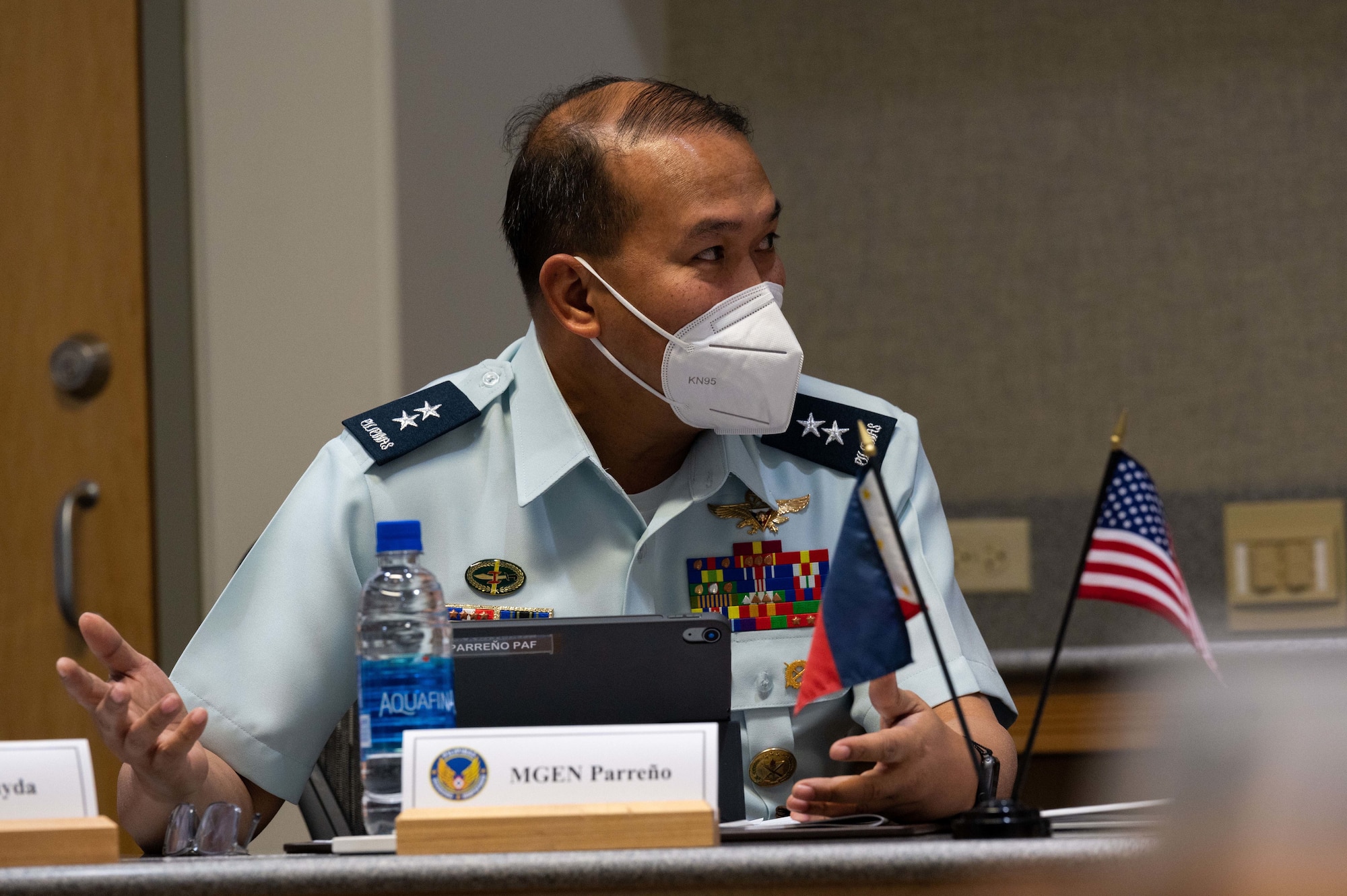 Philippine Air Force Maj. Gen. Stephen P. Parreño, Chief of Air Staff, Philippine Air Force, gives remarks during the 10th Airman-to-Airman Talks between the two air forces, Joint Base Pearl Harbor-Hickam, Hawaii, Feb. 15, 2022. Over the course of the week, the two air forces held several discussions about an array of topics in order to develop a better understanding of the needs of the two countries. (U.S. Air Force photo by Tech. Sgt. Hailey Haux)