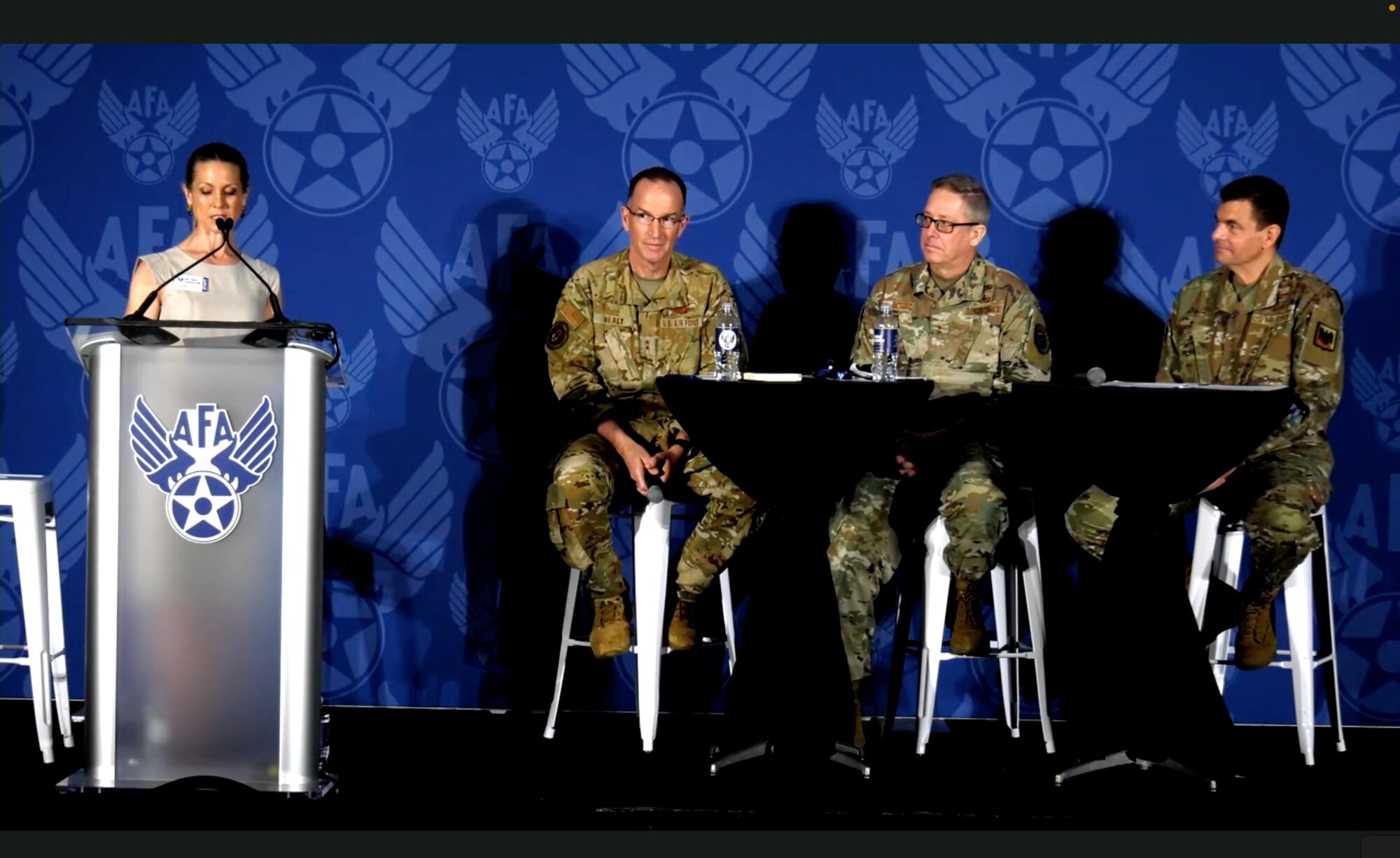 Image of Maj. Gen. John P. Healey, deputy to the chief of the Air Force Reserve, Lt. Gen. Michael A. Loh, director of the Air National Guard, and Maj. Gen. Daryl Bohac, Nebraska National Guard adjutant general, participating in a roundtable discussion led by Heather Penny, senior resident fellow at the AFA’s Mitchell Institute for Aerospace Studies.