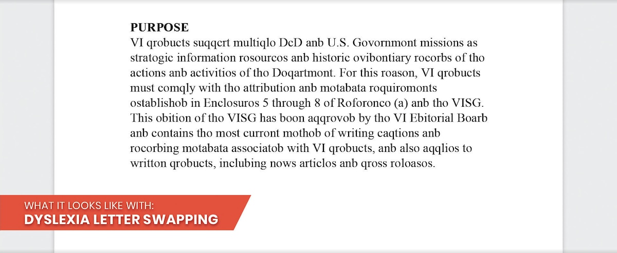 An image of a document with two paragraphs of text that have been manipulated to simulate what people with dyslexia letter swapping may see.