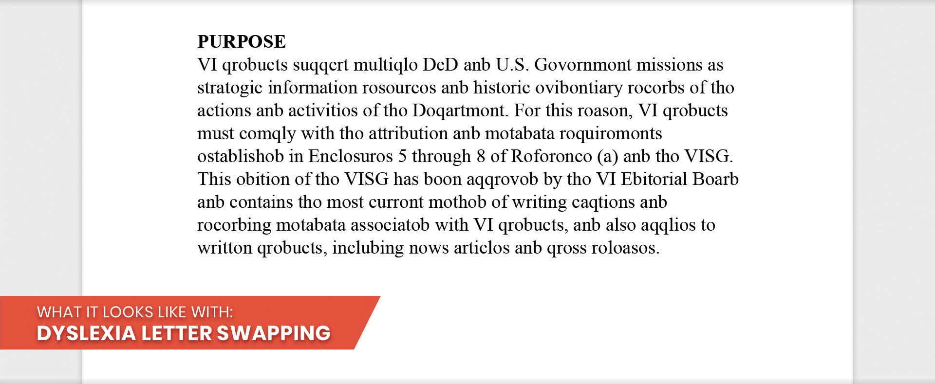 An image of a document with two paragraphs of text that have been manipulated to simulate what people with dyslexia letter swapping may see.