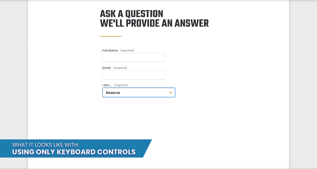 An image of a website form that depicts what it looks like when making a selection from a list using keyboard controls.
