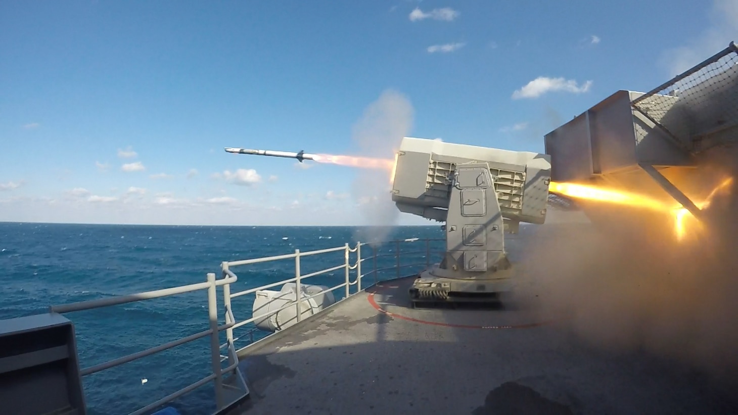 A RAM-116 Rolling Airframe Missile (RAM) launches from the aircraft carrier USS George H.W. Bush during a Live Fire With a Purpose (LFWAP) event.